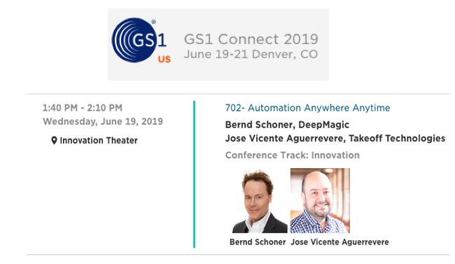 May 10, 2019 - Upcoming event in June. Our CEO, Dr. Bernd Schoner, will be at GS1 Connect 2019, June 19-21 Denver. Dr. Bernd Schoner will be giving a talk at the innovation theater on automation.